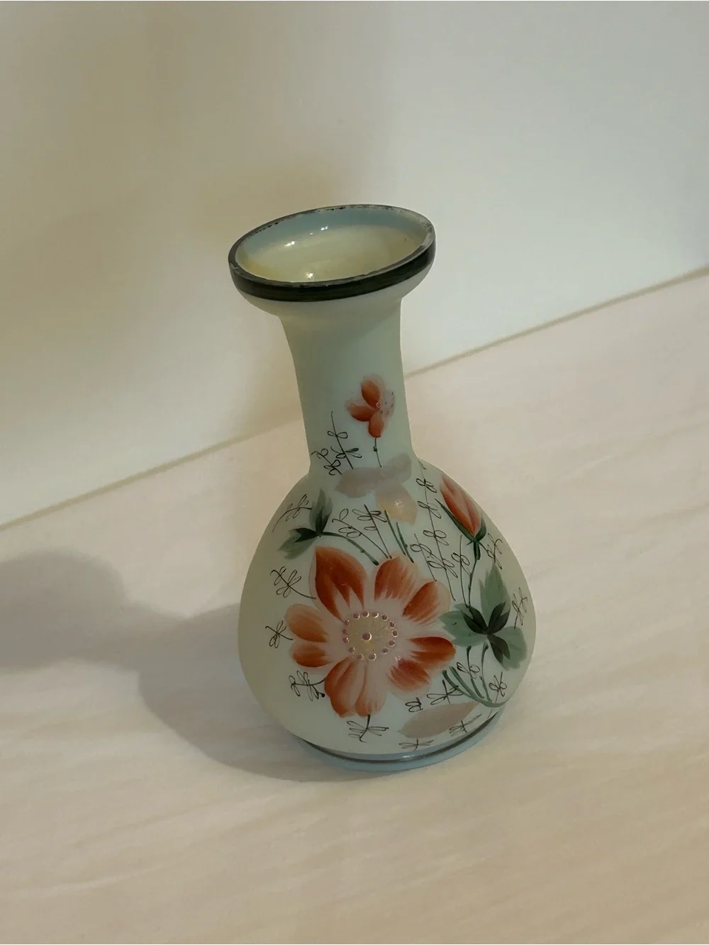 Gorgeous, vintage hand painted Bristol opaline vase